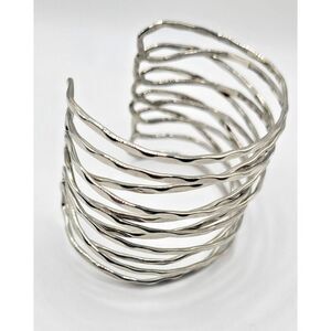 Silver tone Hammered Brutalist Wide Bangle Bracelet 2.25in wide